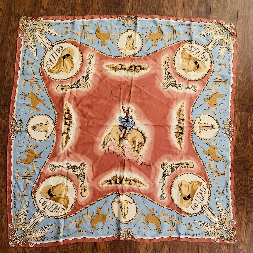 DKNY 100% Silk Western Cowgirl Rodeo Big Scarf Novelty Print 38”x38” Vintage